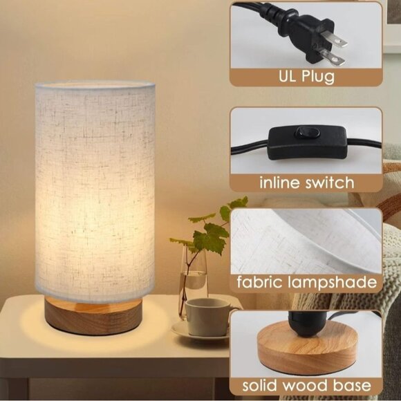 Bedside Table Lamp Daughter Gift Linen Shade Beige Wood Base LED Bulb USB Plug - Picture 8 of 16